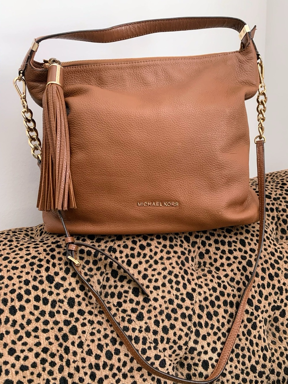 Michael Kors Weston Large Top Zip Tan Leather Shoulder Bag with Tassel
